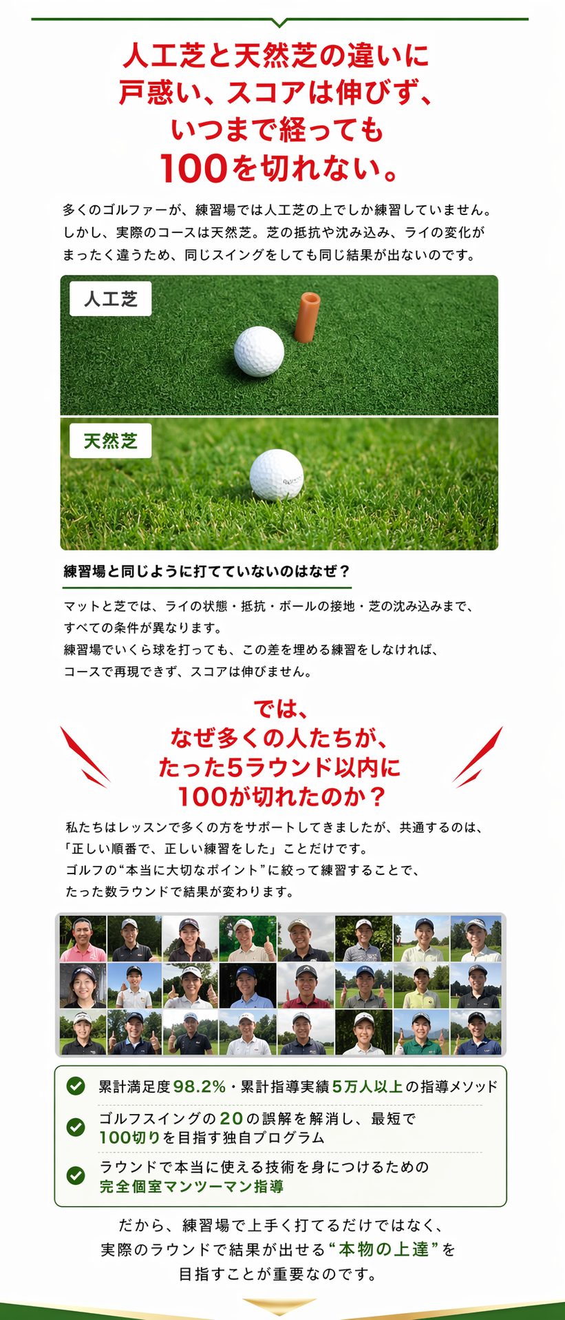 人工芝と天然芝の違いに戸惑い、スコアは伸びず、いつまで経っても100を切れない。