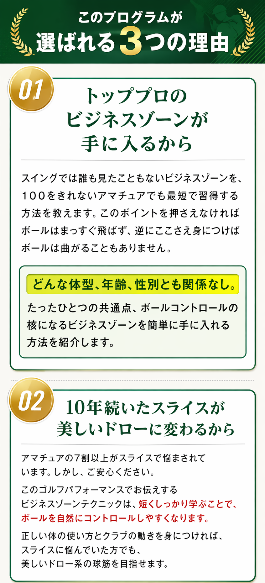 このプログラムが選ばれる3つの理由。ビジネスゾーンが手に入るから。10年続いたスライスが美しいドローに変わるから。