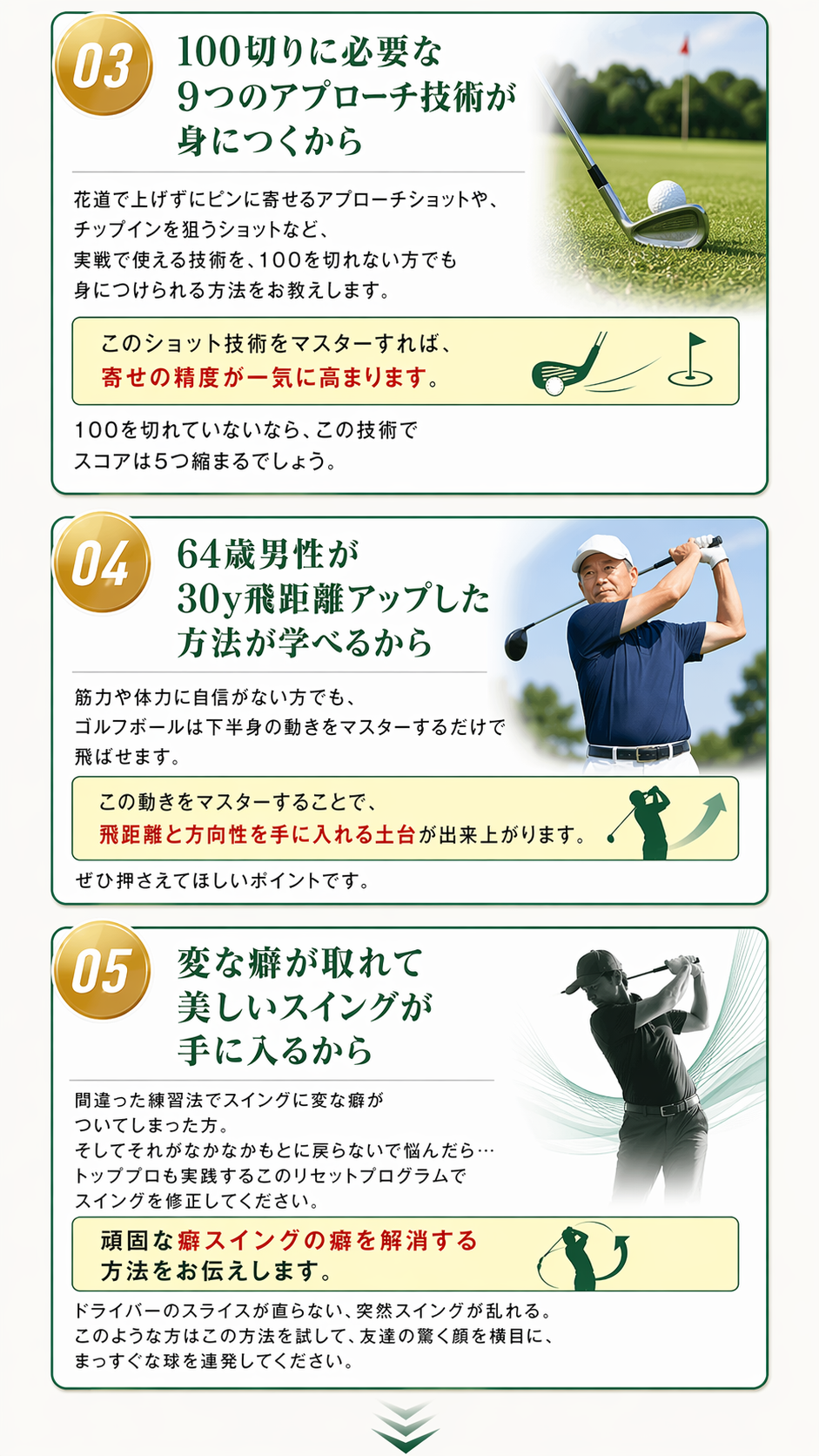 100切りに必要なアプローチ技術、30ヤード飛距離アップの方法、変な癖が取れて美しいスイングが手に入る。