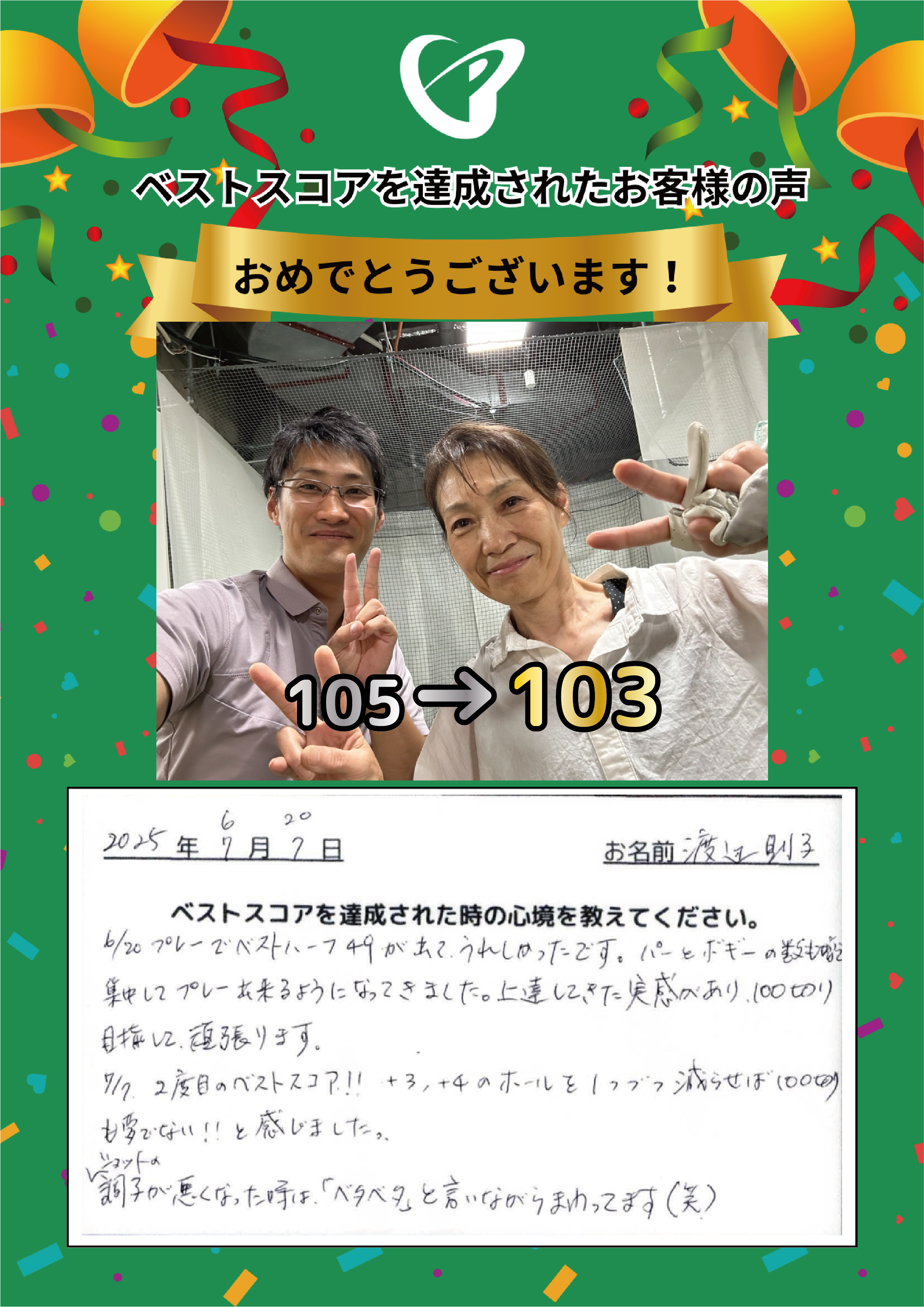 大阪梅田店　W.N.様 ベストスコアの声